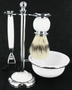 Artamis - Chrome & White Mach 3 Shaving Set With Badger Brush