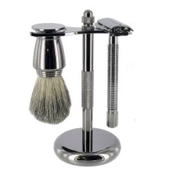 Artamis Safety Razor & Mixed Badger Brush Set With Stand Gun Metal Grey